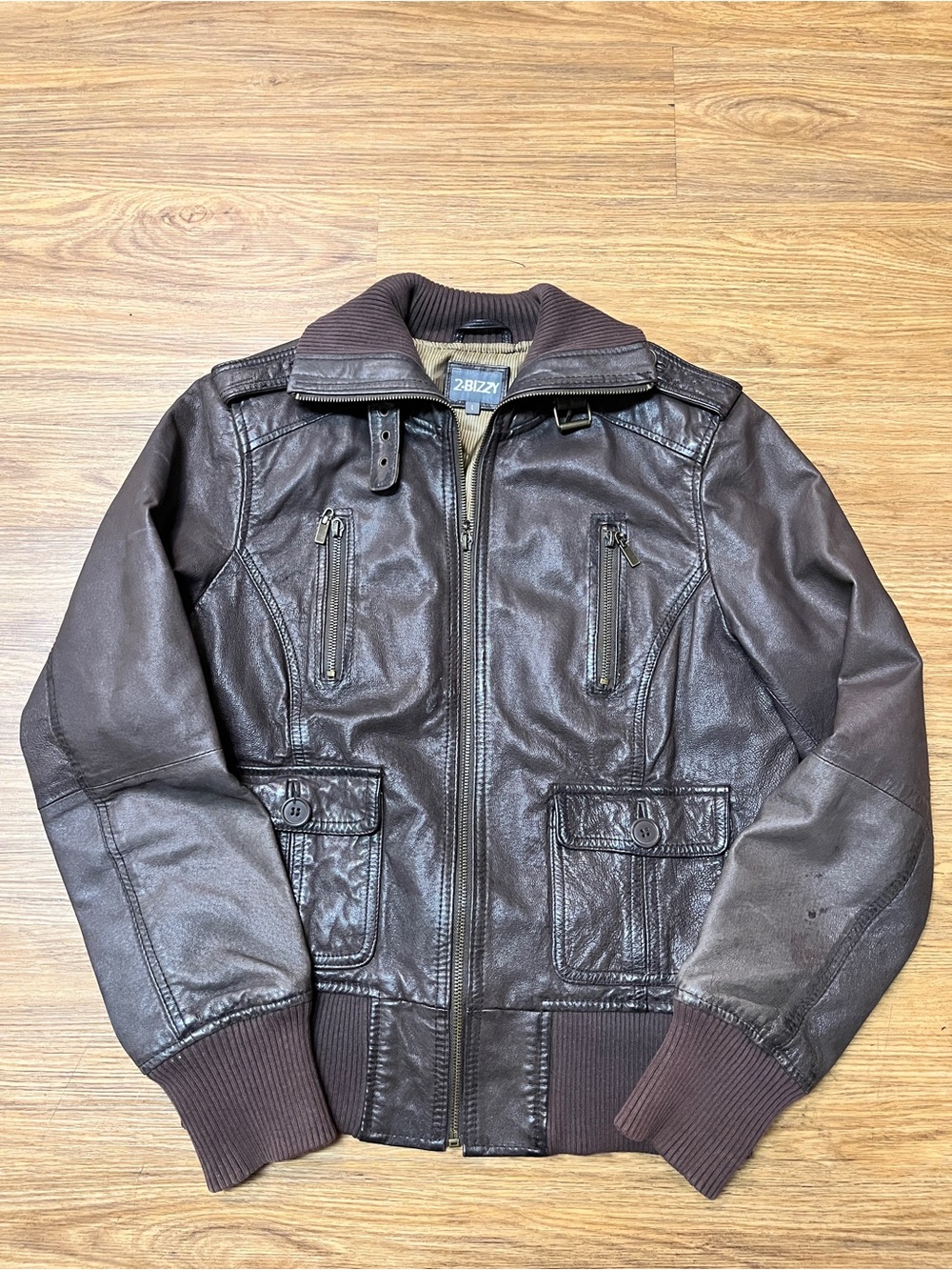 2-Bizzy Brown 100% Genuine Leather Bomber Jacket Utility Pockets Size Large